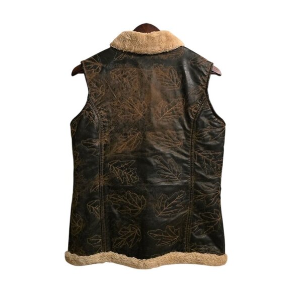 Woolrich Faux Leather Leaf Print Distressed Sherpa Lined Vest Sz S - Picture 4 of 8